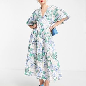 ASOS EDITION pleat waist midi dress with puff sleeve in floral print NWOT